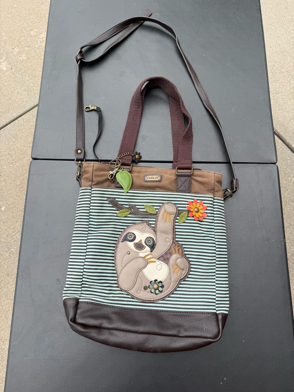 Chala Striped Sloth Applique Shoulder Bag - Brown, Green, Cream